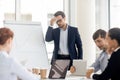 Nervous sweaty public speaker sweating wiping sweat afraid or speaking Royalty Free Stock Photo