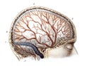 The nervous system of the human skull in the old book The Human Body, by K. Bock, 1870, St. Petersburg