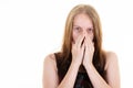 Nervous woman disgusted scared of facing destiny girl face expression on white background