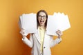 nervous woman in white suit holds papers and screaming, girl manager in stress, office worker with deadlines Royalty Free Stock Photo