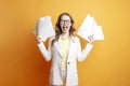 nervous woman in white suit holds papers and screaming, girl manager in stress, office worker with deadlines Royalty Free Stock Photo