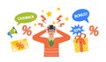Nervous Young Man Character Outraged by Intrusive Advertising. Excessive Promotion Cartoon Vector Illustration