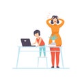 Nervous Young Mother Trying to Work at Home at Computer, Freelancer, Parent Working with Children, Kid Playing at Parent