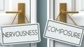 Nervousness and composure as a choice - pictured as words Nervousness, composure on doors to show that Nervousness and composure Royalty Free Stock Photo