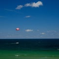 Nessebar beach Bulgaria 25.06.2018 Active recreation - motor boat tows a special parachute.