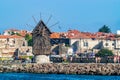 Nessebar, Bulgaria - 2 Sep 2018: The wooden windmill in Nesebar ancient city, one of the major seaside resorts on the Bulgarian