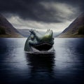 Nessie monster swimming in Loch Ness, mystic famous creature in Scotland, water beast in the highland, generative AI