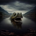 Nessie monster swimming in Loch Ness, mystic famous creature in Scotland, water beast in the highland, generative AI