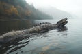 Nessie monster swimming in Loch Ness, mystic famous creature in Scotland, water beast in the highland.