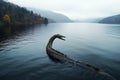 Nessie monster swimming in Loch Ness, mystic famous creature in Scotland, water beast in the highland.