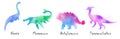 Nessie, Mosasaurus, Ankylosaurus, Parasaurolophus dinosaurs . Colorful silhouette watercolor painting style . Set 4 of 5 .