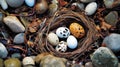 nest adorned with eggs that blend with their surroundings
