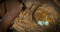 Nest of American sparrow with two blue eggs inside Royalty Free Stock Photo