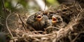 A nest of baby birds chirping for their mother to bring them food, concept of Parental care, created with Generative AI