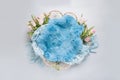Nest basket for shooting newborns with blue fur and lace and pink tulips