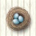 Nest with blue eggs on white wooden background, illustration Royalty Free Stock Photo