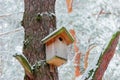 Nest box in winter forest Royalty Free Stock Photo