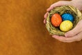 Nest colored eggs holiday symbol Easter in hands on a wooden background and copy space