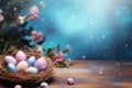 Nest with colorful Easter eggs and flowers on the table on blue background, copy space. AI generated Royalty Free Stock Photo