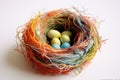 a nest with colorful yarn and eggs