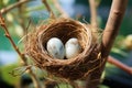 A nest cradles two magpie robin bird eggs on a tree branch