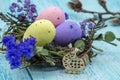 A nest with Easter eggs. Willow twigs. Easter chicken Royalty Free Stock Photo