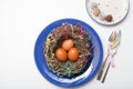 nest with eggs on blue plate. Happy Easter. Stylish white table, flat lay. Natural eggs spring Royalty Free Stock Photo