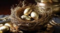 a nest with eggs featuring a touch of gold. Royalty Free Stock Photo