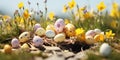 A nest of eggs and flowers in a field with yellow daffodils, AI