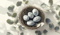 A nest of eggs with a green leaf in the background Royalty Free Stock Photo