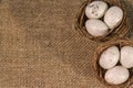 nest with eggs on a sackcloth. Happy Easter eggs. Background with easter eggs.