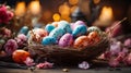 Nest with eggs on a wooden table. Happy Easter. Decorating eggs