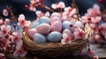 Nest with eggs on a wooden table. Happy Easter. Decorating eggs