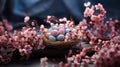 Nest with eggs on a wooden table. Happy Easter. Decorating eggs