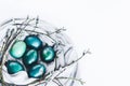 Nest of fabric with turquoise colored Easter eggs decorated with pussy willow on white. Copy space. Royalty Free Stock Photo
