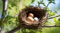 A nest filled with Cardinal bird eggs in the branches of a Chinese Elm tree