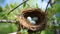 A nest filled with Cardinal bird eggs in the branches of a Chinese Elm tree
