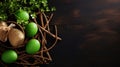 A nest filled with green and brown easter eggs, AI
