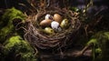 A nest filled with three eggs and moss, AI