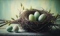 a nest with five eggs sitting on a table next to a twig and a branch with green leaves on a green wallpapered background