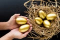 Nest Full Of Golden Eggs, Man holding a golden egg on black back Royalty Free Stock Photo