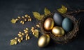 a nest of golden and blue eggs on a black background with a twig and a sprig of green leaves with berries on the side