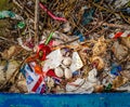 Three Eurasian Coot eggs on a nest filled with plastic and other trash