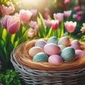 A nest of pastel-colored eggs nestled among blooming tulips in a sun-drenched garden