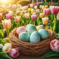 A nest of pastel-colored eggs nestled among blooming tulips in a sun-drenched garden