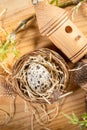 Nest, quail egg, decorative birdhouse, twigs with spring leaves on wood. Organic Easter. Top view. Royalty Free Stock Photo