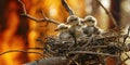 a nest with small chicks on the background of a burning forest, forest fires, rescue of wild