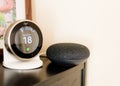 Nest smart thermostat and Google home mini speaker