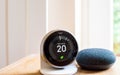 Nest smart thermostat and Google home mini speaker