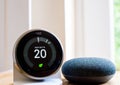Nest smart thermostat and Google home mini speaker